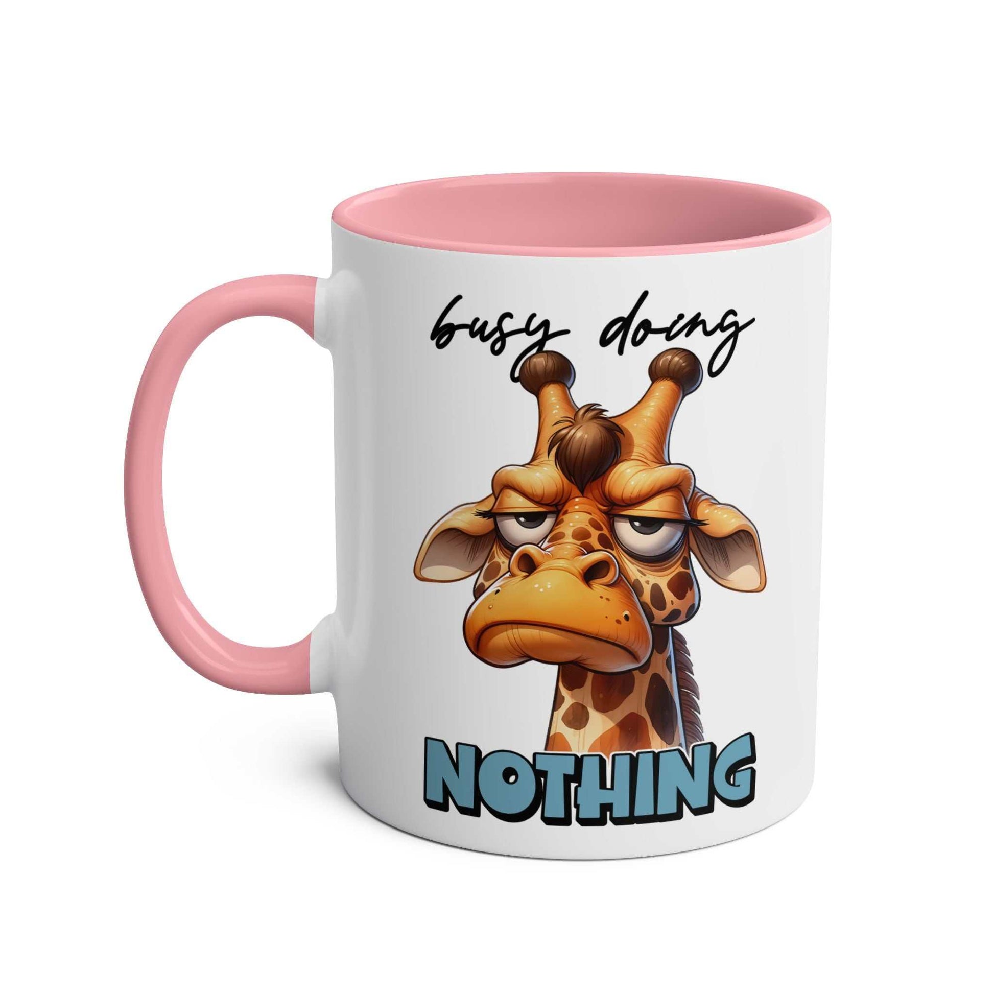 Giraffe design on "Busy Doing Nothing" coffee mug with pink handle, 11oz ceramic, glossy finish.