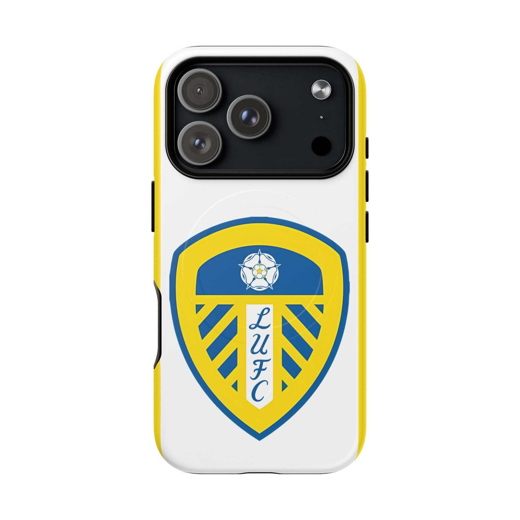 Leeds Utd Magsafe iPhone Case with club crest, white and yellow design, dual layer protection, MagSafe compatible.
