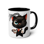 Black cat cartoon on fun sarcastic coffee mug with "fully caffeinated" text, 11oz ceramic, glossy finish, available in 7 colors.