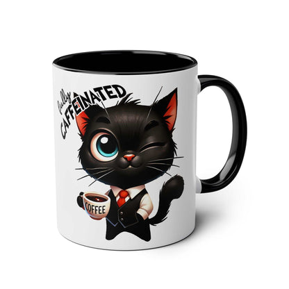 Black cat cartoon on fun sarcastic coffee mug with "fully caffeinated" text, 11oz ceramic, glossy finish, available in 7 colors.