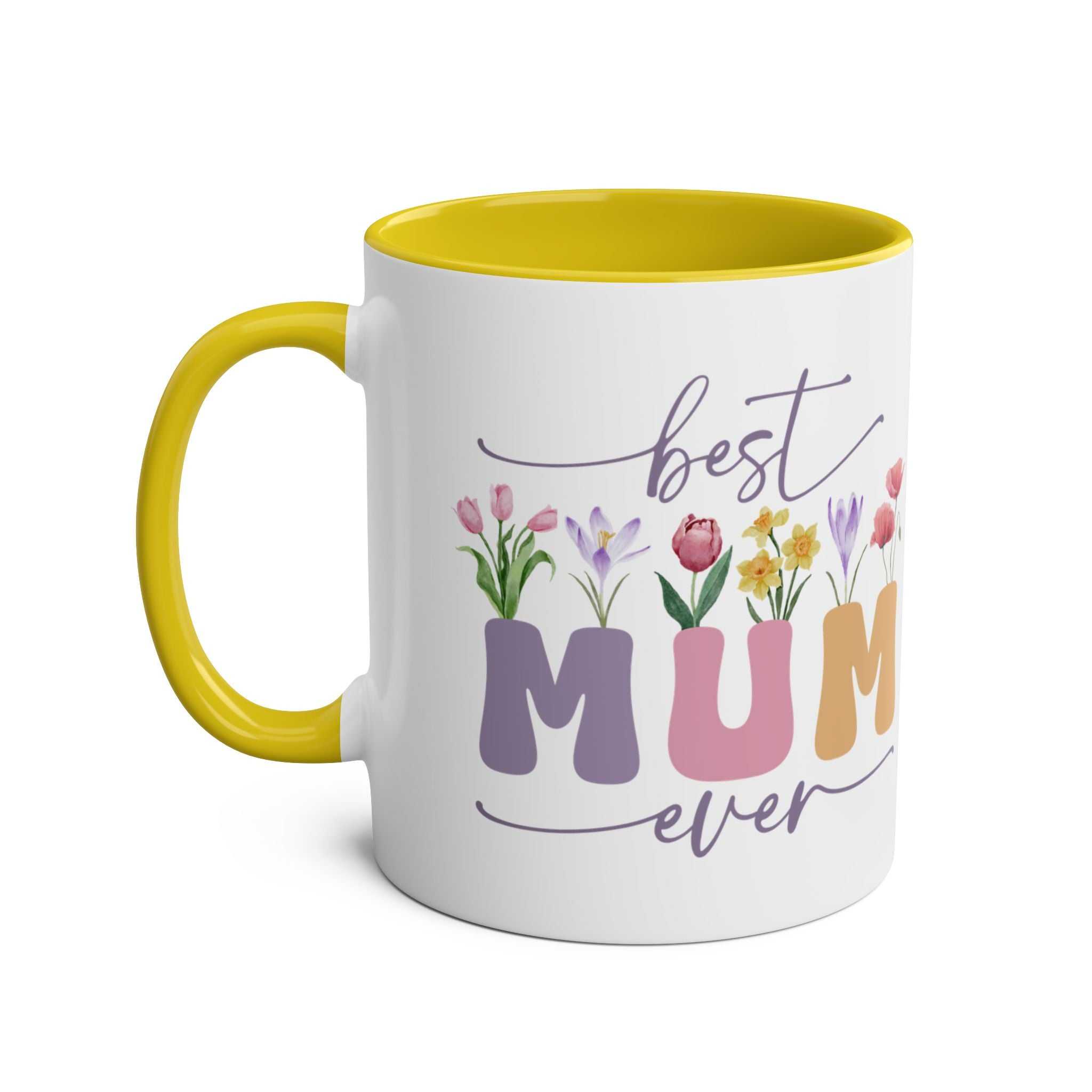 Best Mum Ever Mother's Day gift mug with flower design, yellow handle, glossy finish.