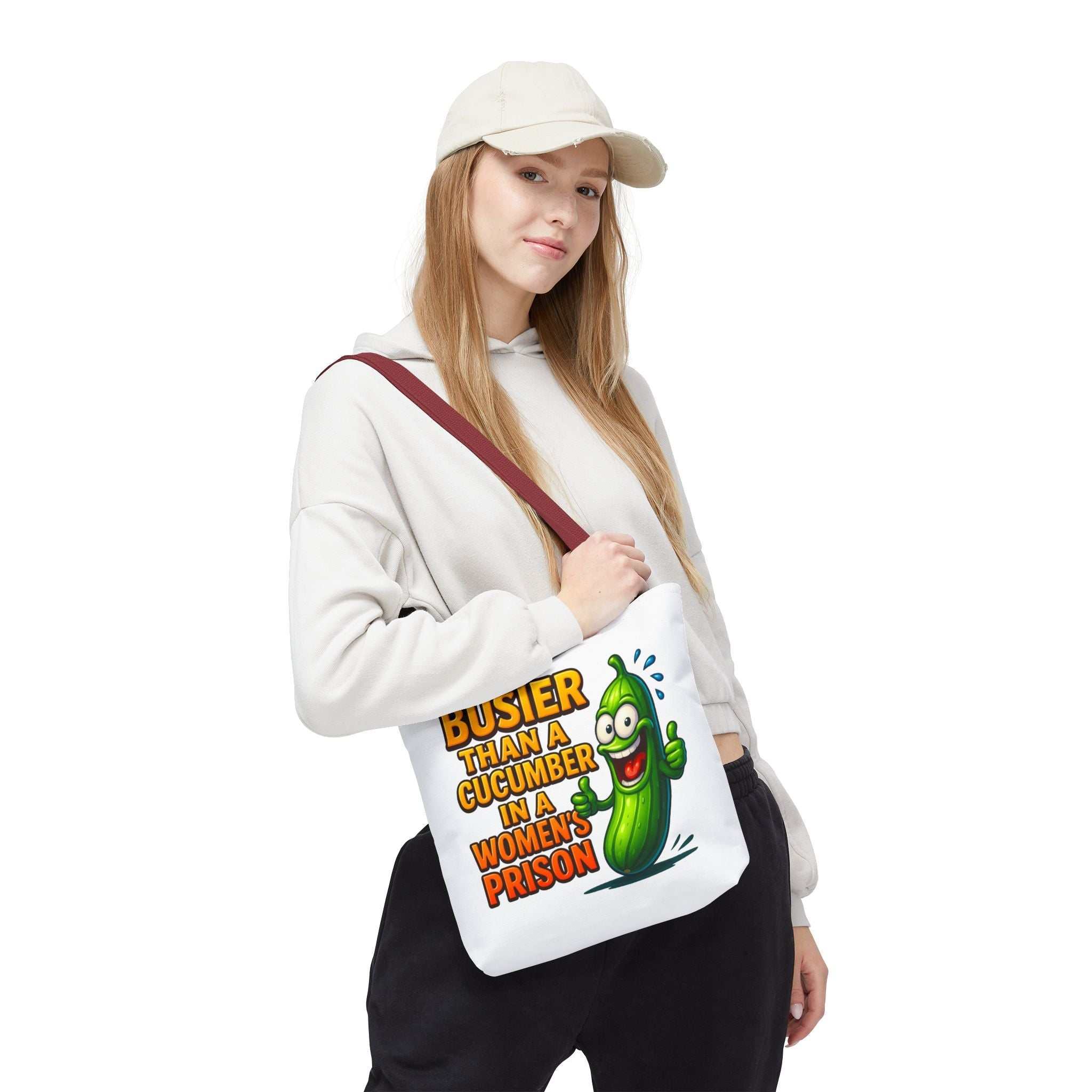Busier Than a Cucumber Tote Bag with cheeky design, durable polyester, multiple sizes and handle colors