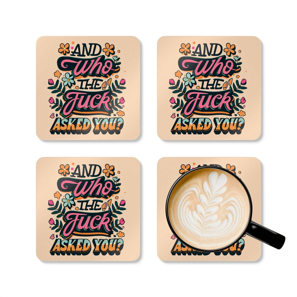 Rude coaster set with cheeky quote and colorful design, 4-piece high-gloss MDF with cork back.