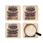 Rude coaster set with cheeky quote and colorful design, 4-piece high-gloss MDF with cork back.