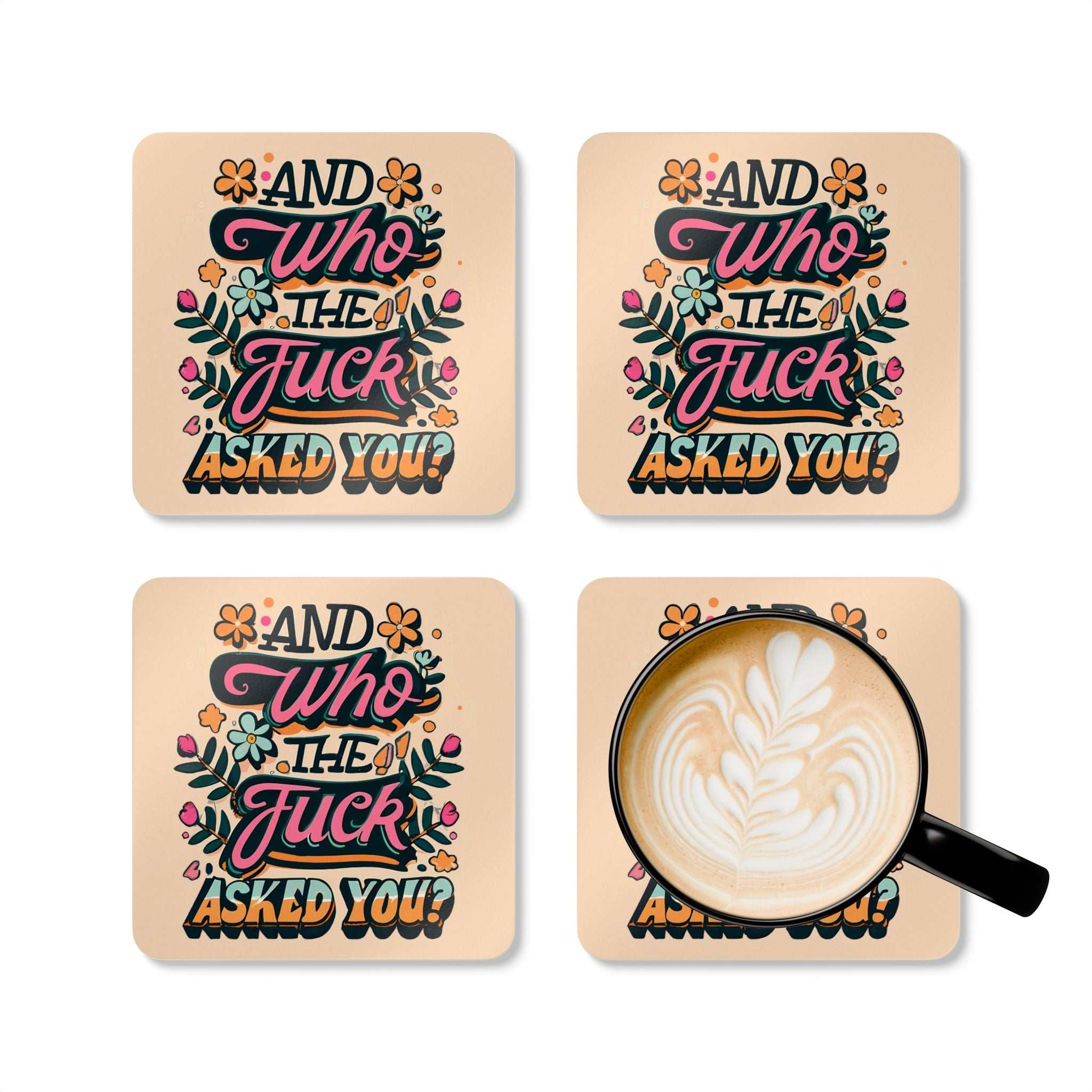 Rude coaster set with cheeky quote and colorful design, 4-piece high-gloss MDF with cork back.