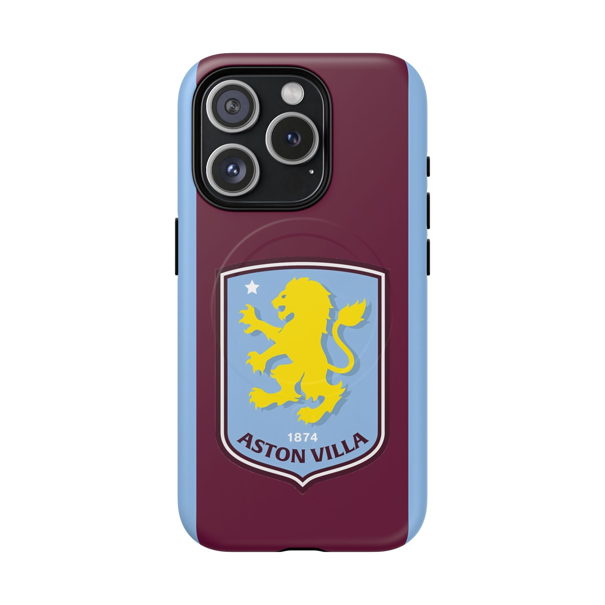 Aston Villa Magsafe iPhone Case with claret and blue colors and club crest, durable dual-layer protection, MagSafe compatible.