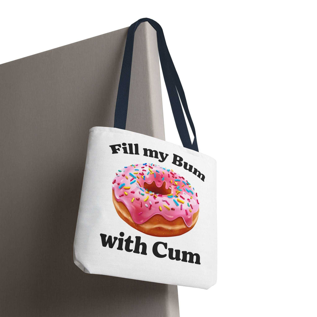 Provocative Donut Tote Bag with cheeky design, durable spun polyester, multiple sizes and handle colors, perfect for daily use