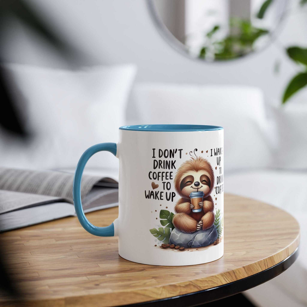 Cute sloth coffee mug with whimsical design, 11oz ceramic, glossy finish, and blue handle.