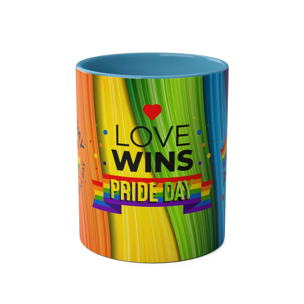 Vibrant rainbow LGBTQ+ Pride mug with "Love Wins" design, 11oz ceramic, glossy finish.