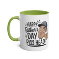 Happy Fathers Day Piss Head mug with cartoon beer-loving dad holding pint, humorous gift for dads, premium ceramic mug with vibrant print