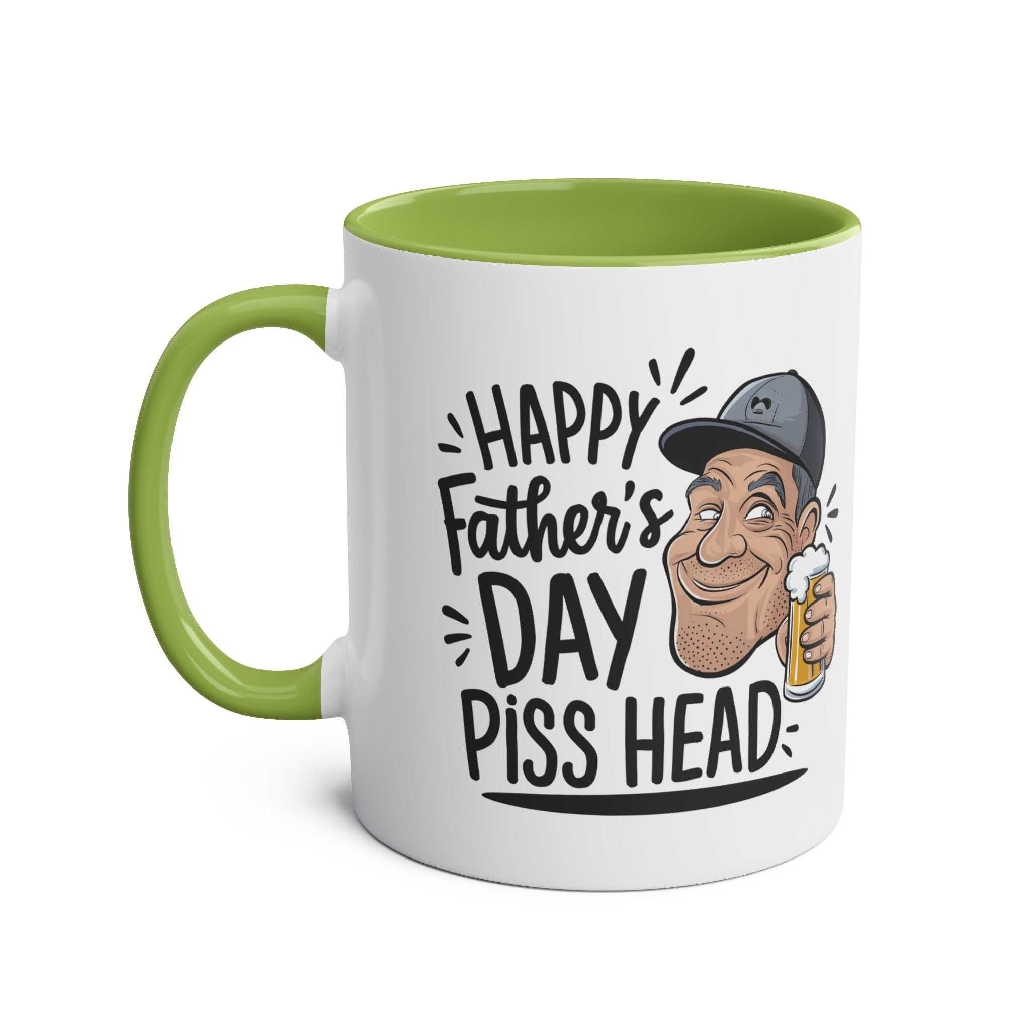 Fun Fathers Day Gift Mug with humorous design, 11oz ceramic, green handle and interior.