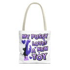 Cheeky fun cat toy tote bag in durable spun polyester with multiple sizes and handle colors