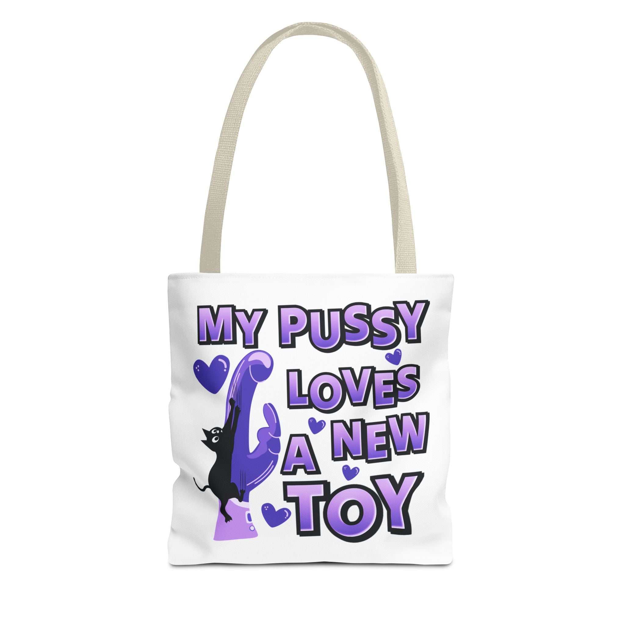 Cheeky fun cat toy tote bag in durable spun polyester with multiple sizes and handle colors