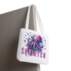 Squirter Squid Tote Bag with cheeky design, durable spun polyester, multiple sizes and handle color options for everyday use