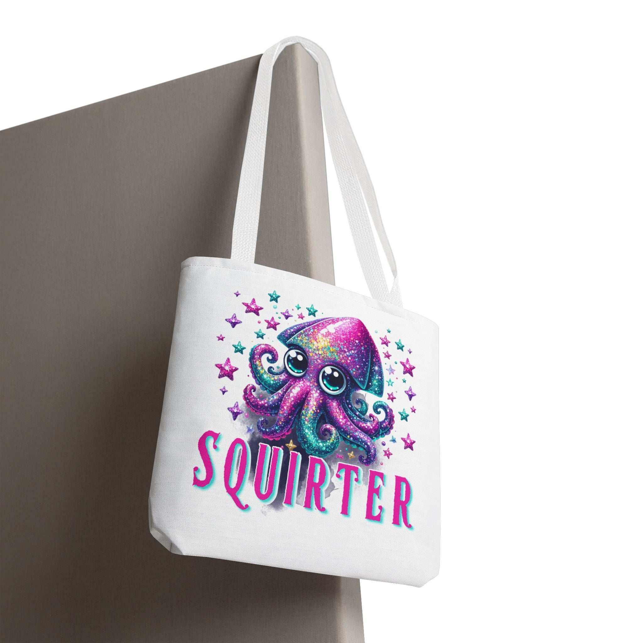 Squirter Squid Tote Bag with cheeky design, durable spun polyester, multiple sizes and handle color options for everyday use
