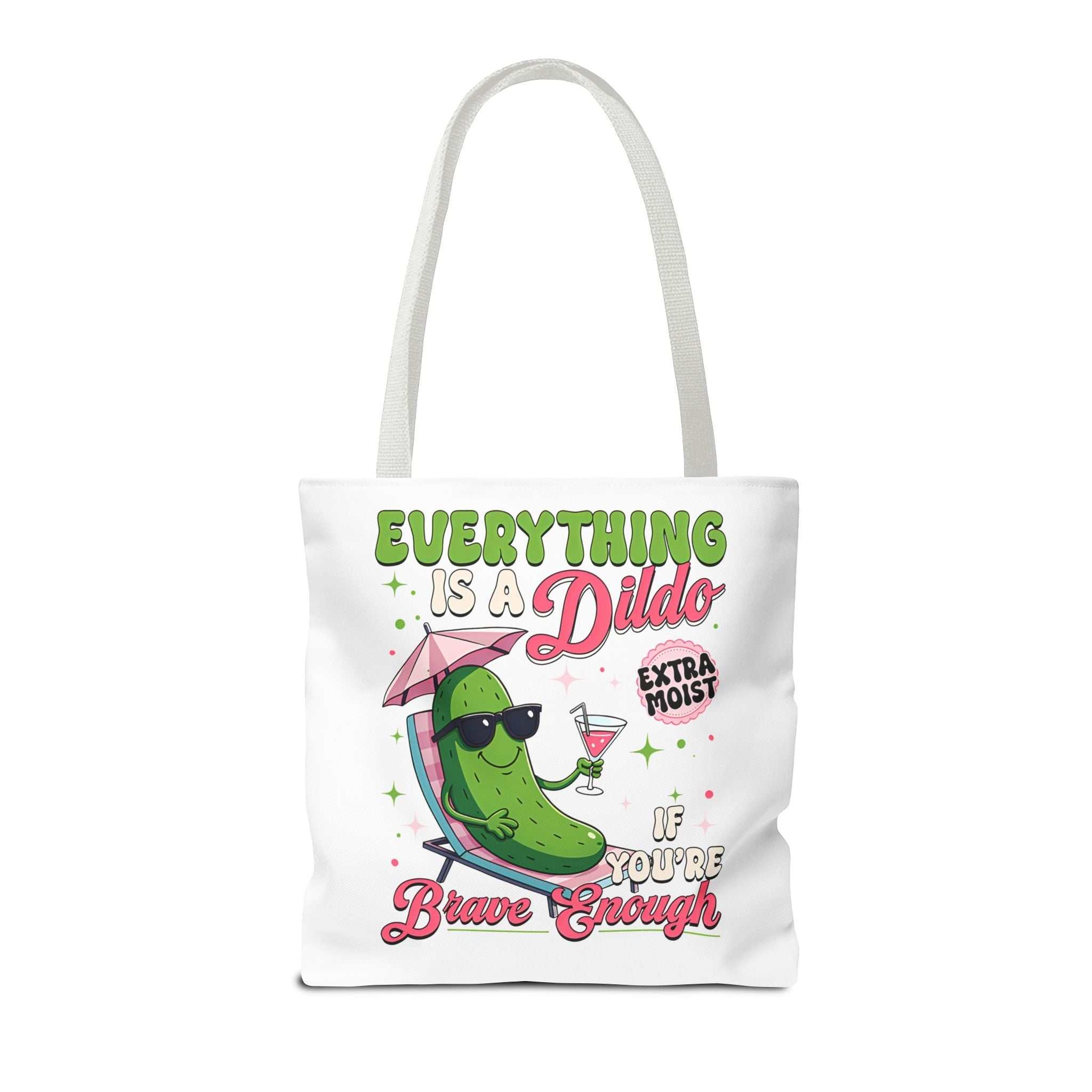 Cheeky Quote Pickle Tote Bag with fun design and colorful handles, durable and lightweight.