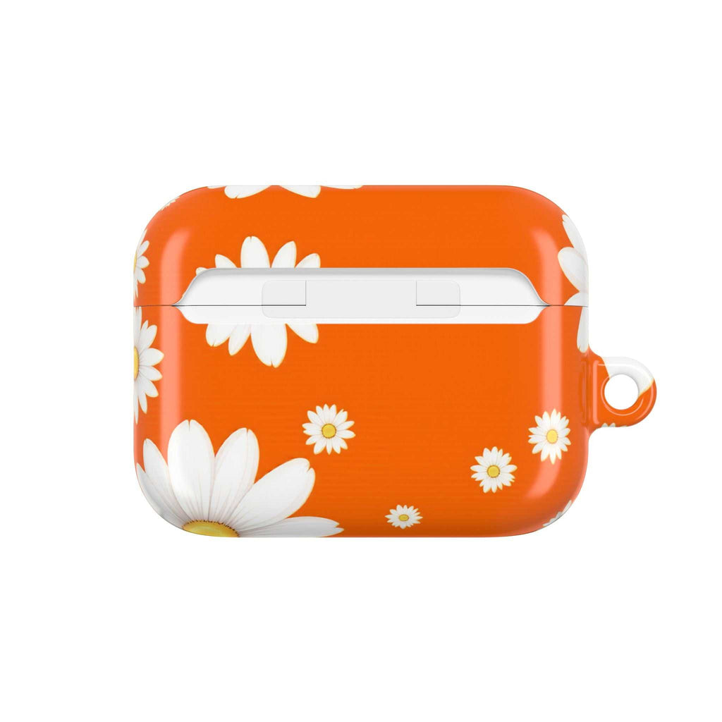Orange Daises AirPods protective case with vibrant orange background and white daisy floral design, compatible with AirPods and AirPods Pro.