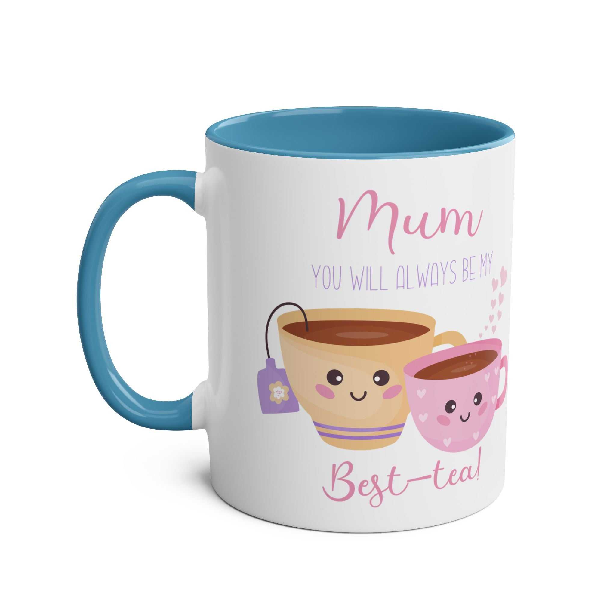 Best Tea Mum Ever Mother's Day ceramic mug with cute tea cup design, blue handle, and glossy finish.