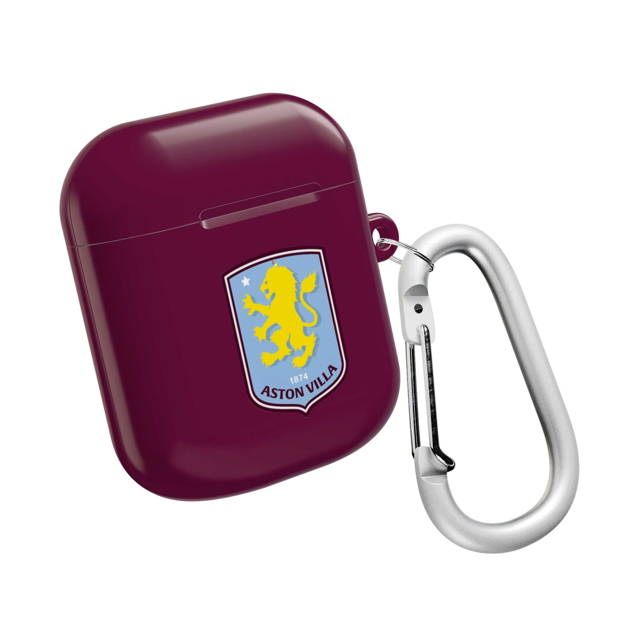 Aston Villa FC AirPods protective case in claret with club logo and attached silver carabiner clip