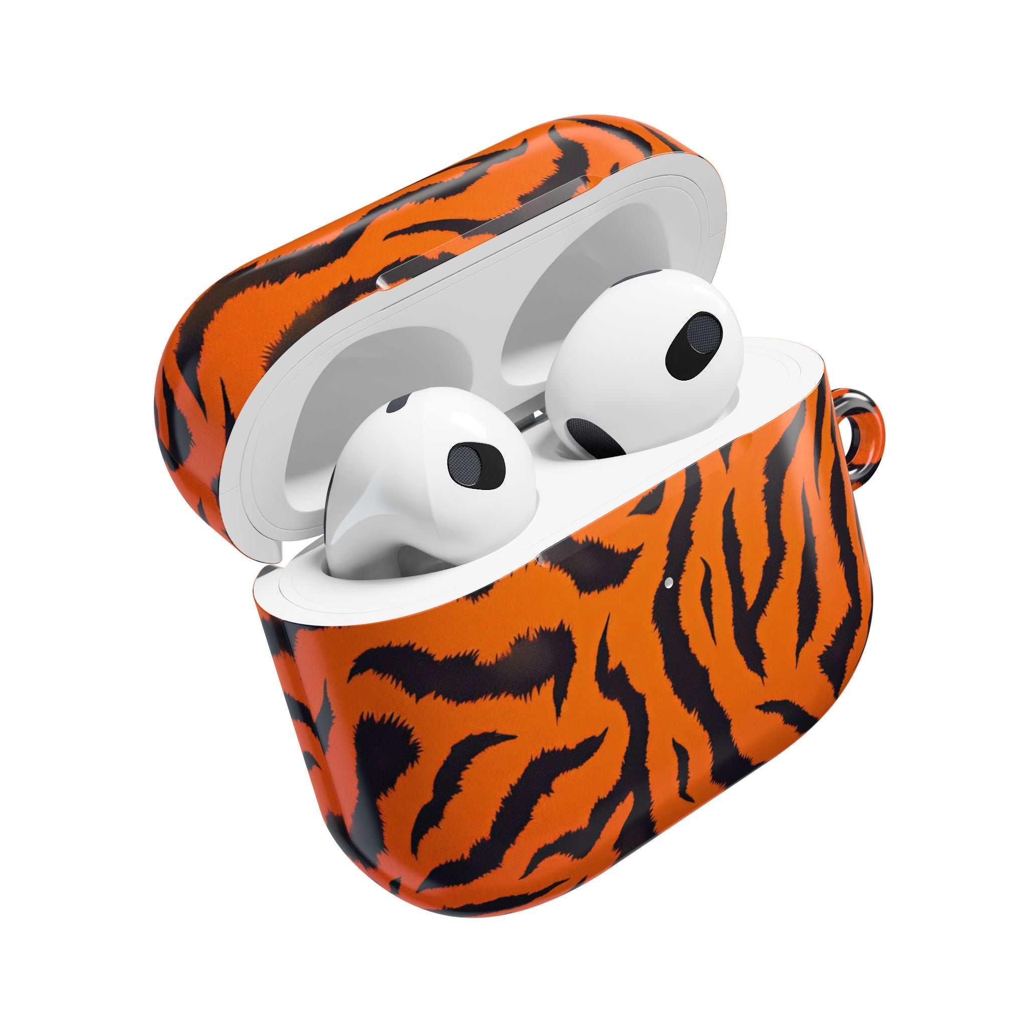 Orange tiger print protective hard shell AirPods case with glossy finish