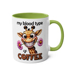 Funny giraffe design My Blood Type Coffee Mug with glossy finish.