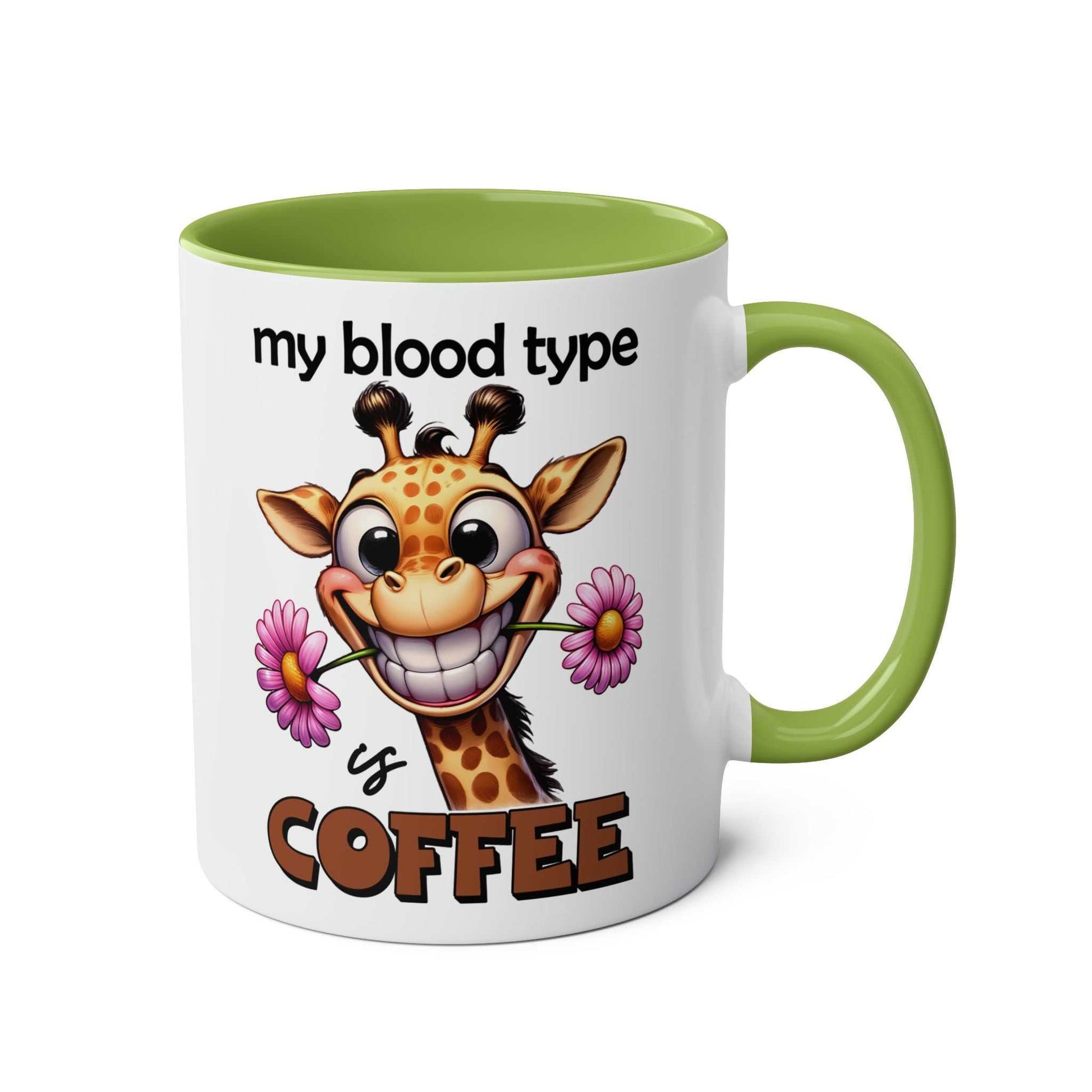 Funny giraffe design My Blood Type Coffee Mug with glossy finish.