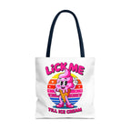 Lick Me Till Ice Cream tote bag with cheeky design, durable spun polyester, multiple sizes and handle colors