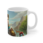 Minecraft Inspired Adventure Mug featuring pixelated Alex character with shield and fantasy background on glossy ceramic mug