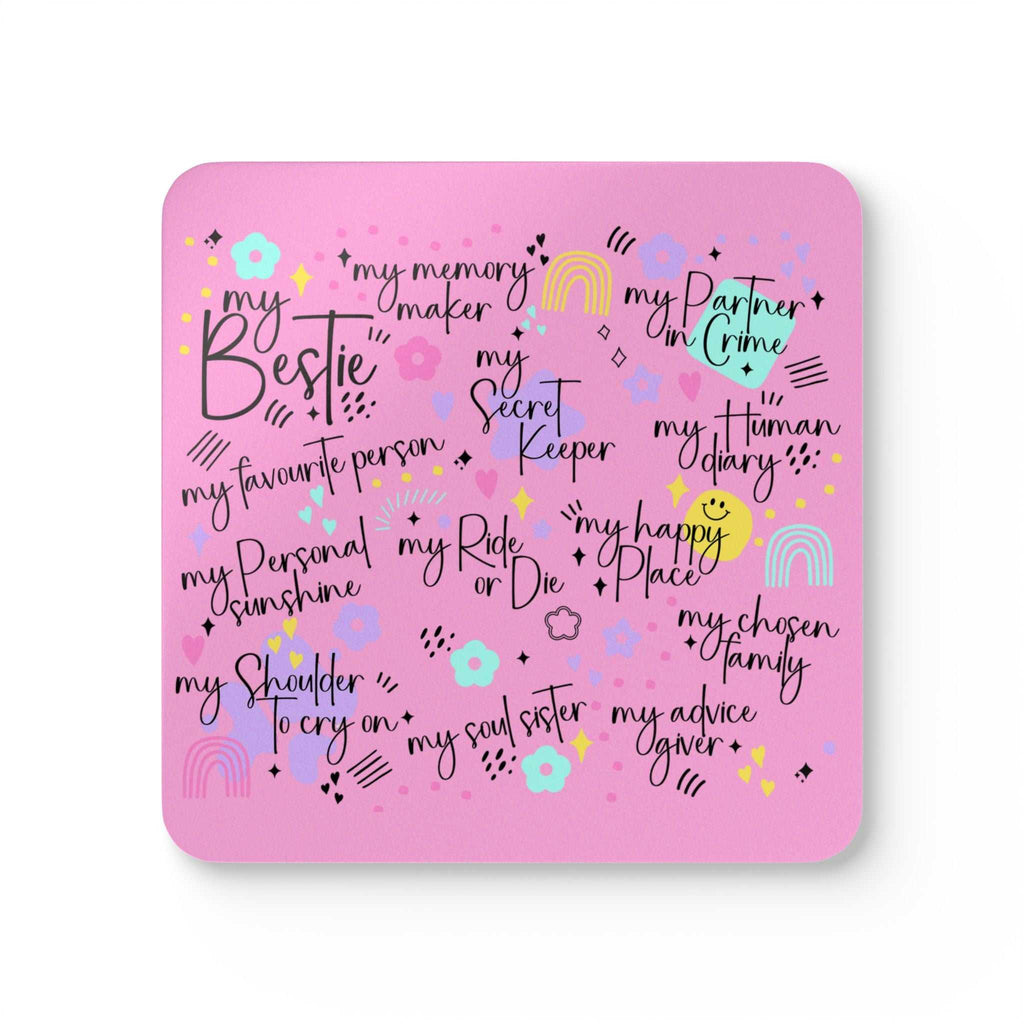 Bestie Pink Coaster Set with playful text and colorful designs