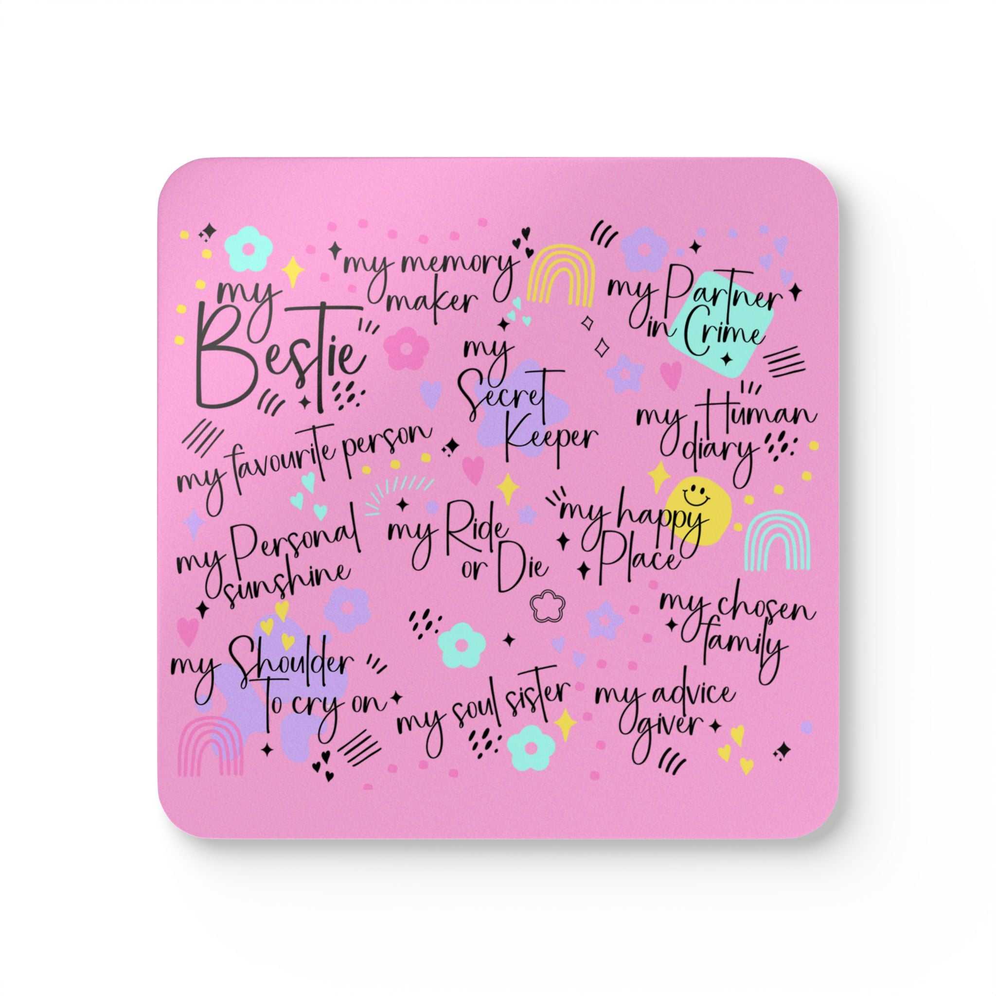 Bestie Pink Coaster Set with playful text and colorful designs