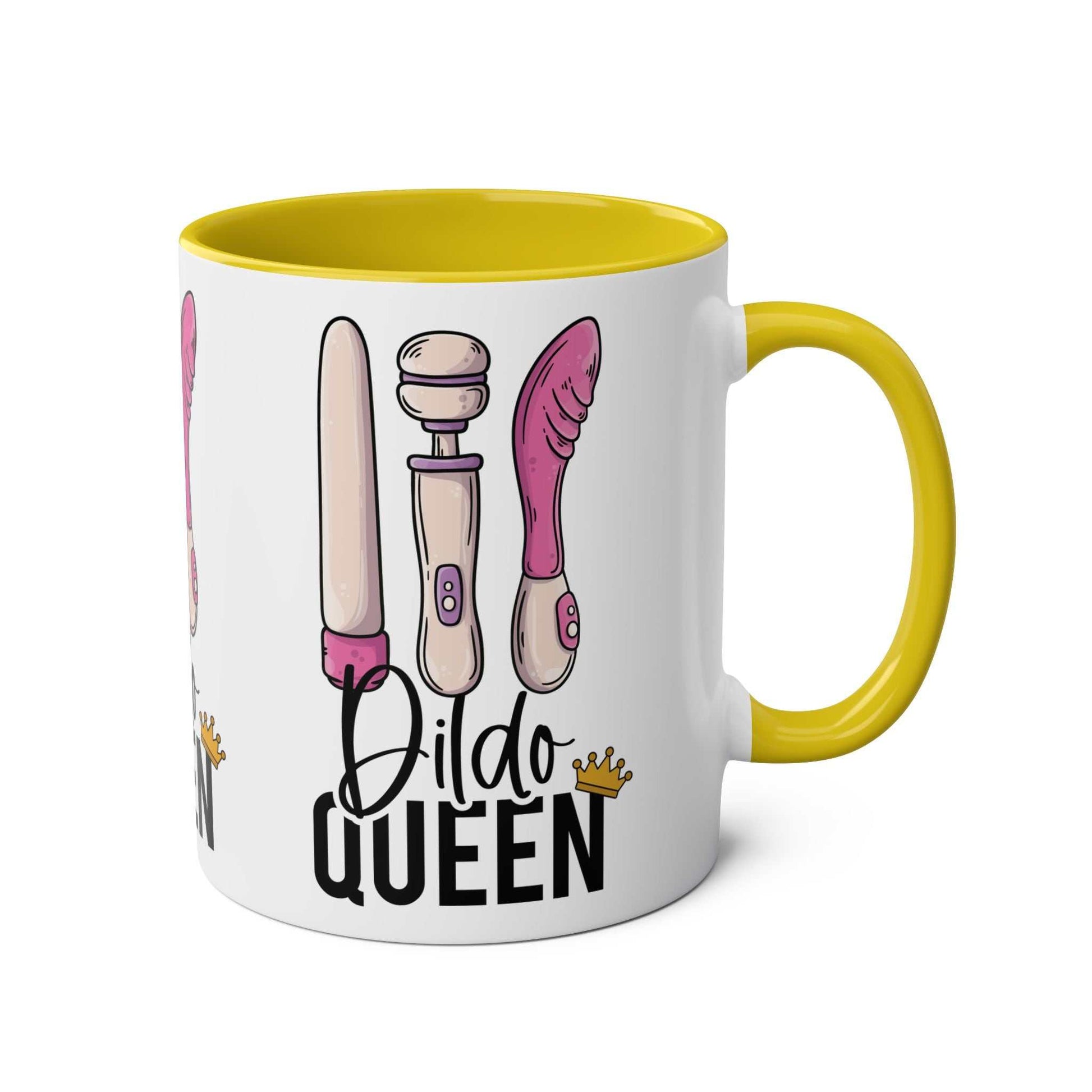 Colorful Dildo Queen Coffee Mug with playful designs, perfect gag gift.