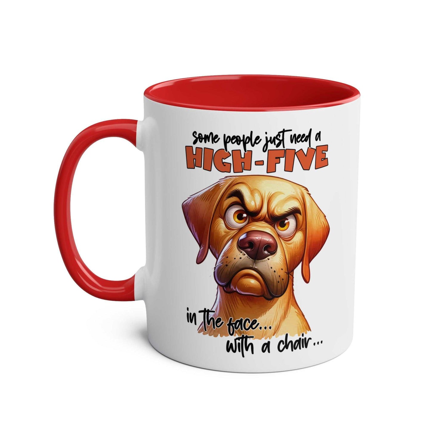 High Five Coffee Mug with snarky dog graphic and red handle.