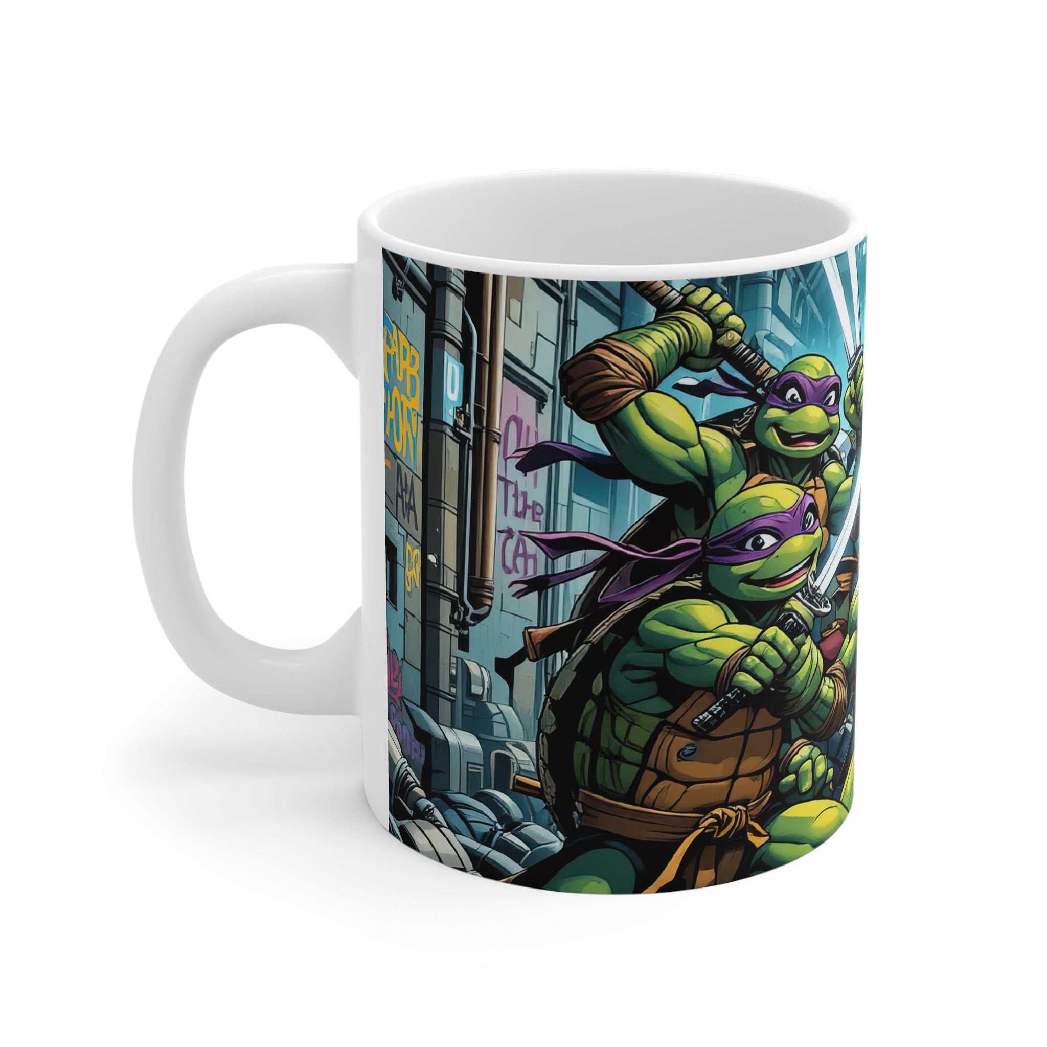 Ninja Turtles inspired ceramic mug with glossy finish featuring colorful turtle characters, 11oz, microwave and dishwasher safe.