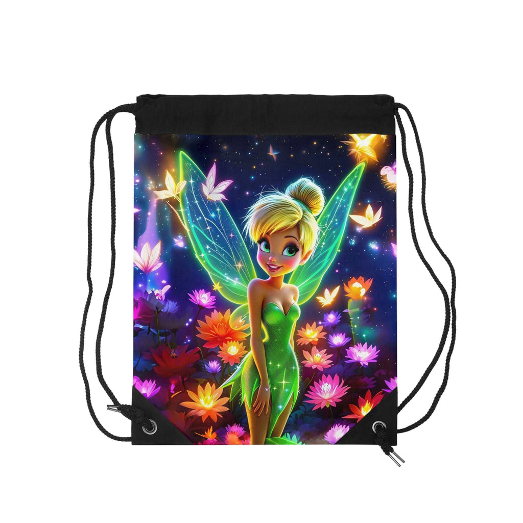 Neon Tinkerbell drawstring bag with vibrant fairy design and durable polyester material for kids and Disney fans