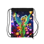 Neon Tinkerbell drawstring bag with vibrant fairy design and durable polyester material for kids and Disney fans