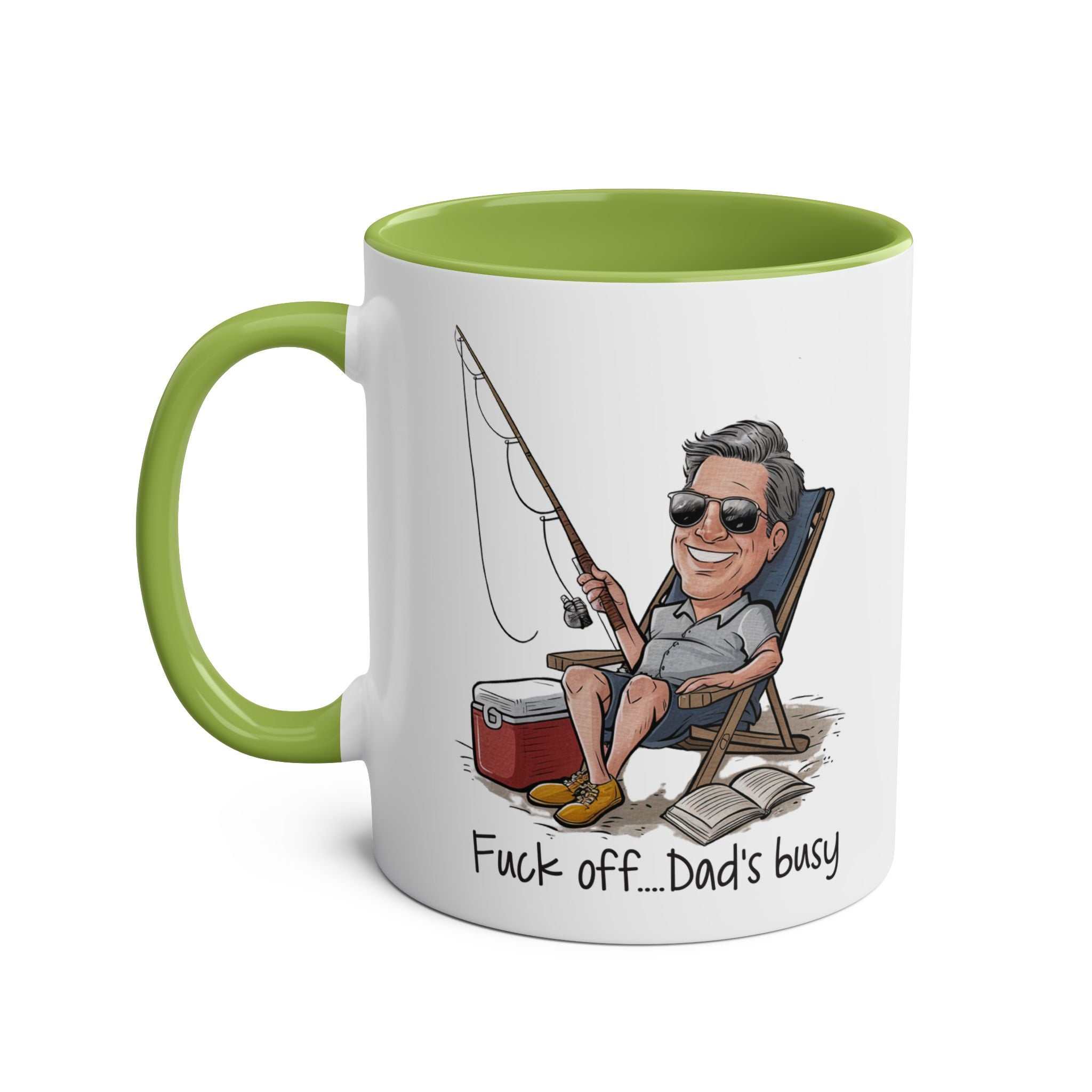 Fun Fathers Day gift mug with humorous design, green interior and handle.