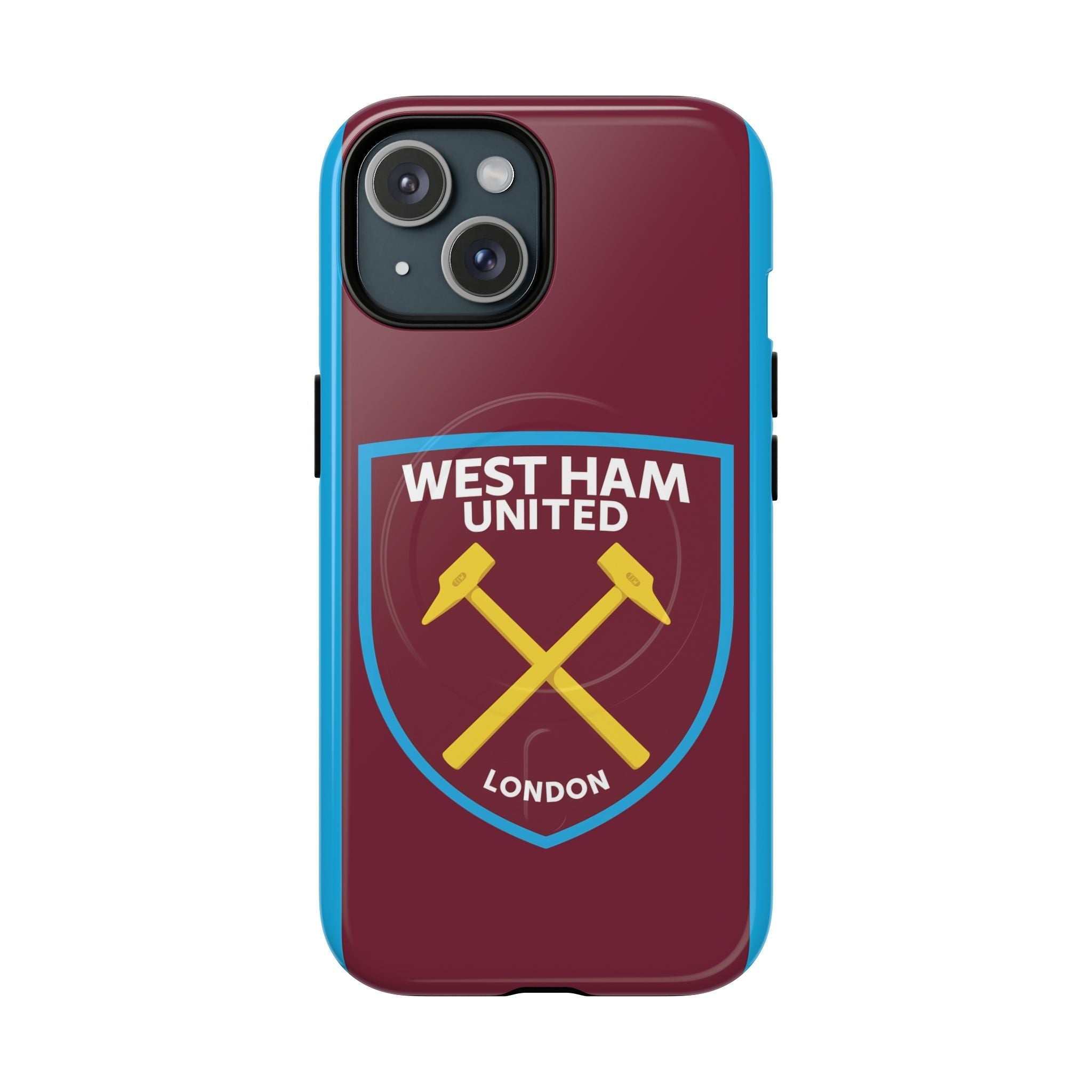 West Ham Utd MagSafe iPhone case with club colors and crest, durable dual-layer protection, and wireless charging compatible