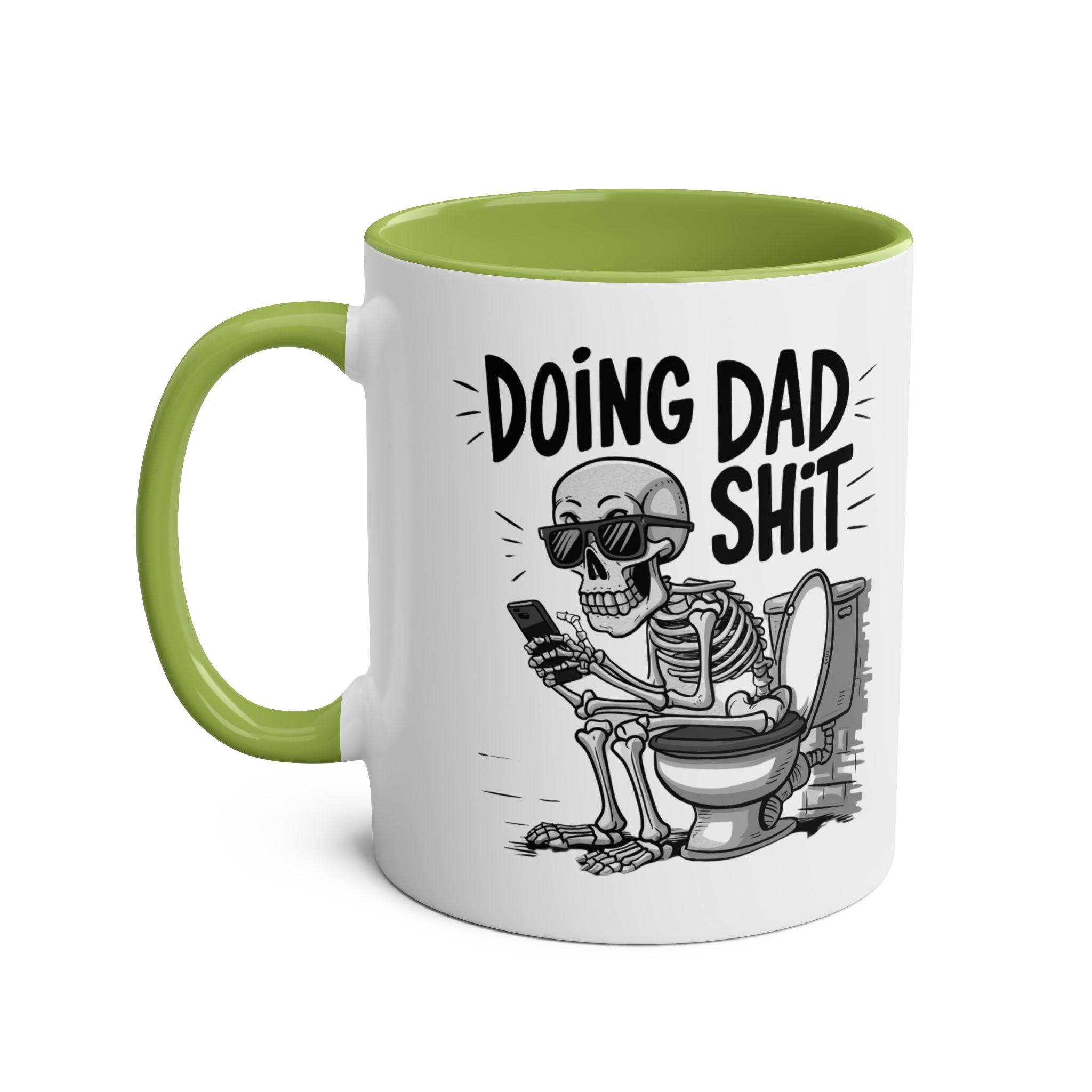 Fun Fathers Day Gift Mug with humorous skeleton design, lime green interior, and handle.