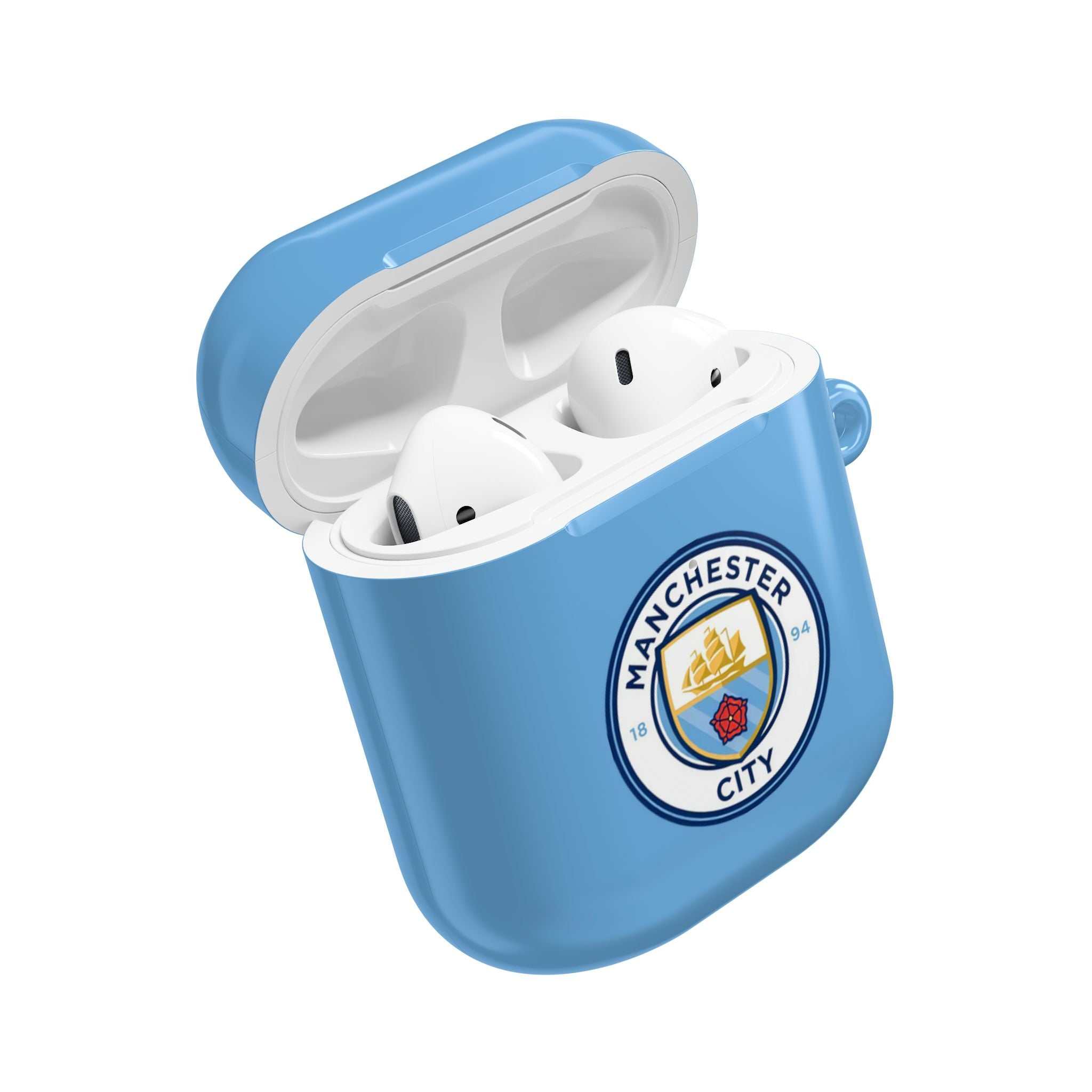 Blue Manchester City FC AirPods protective hard case with club crest, compatible with AirPods and AirPods Pro, shock-resistant and wireless charging supported