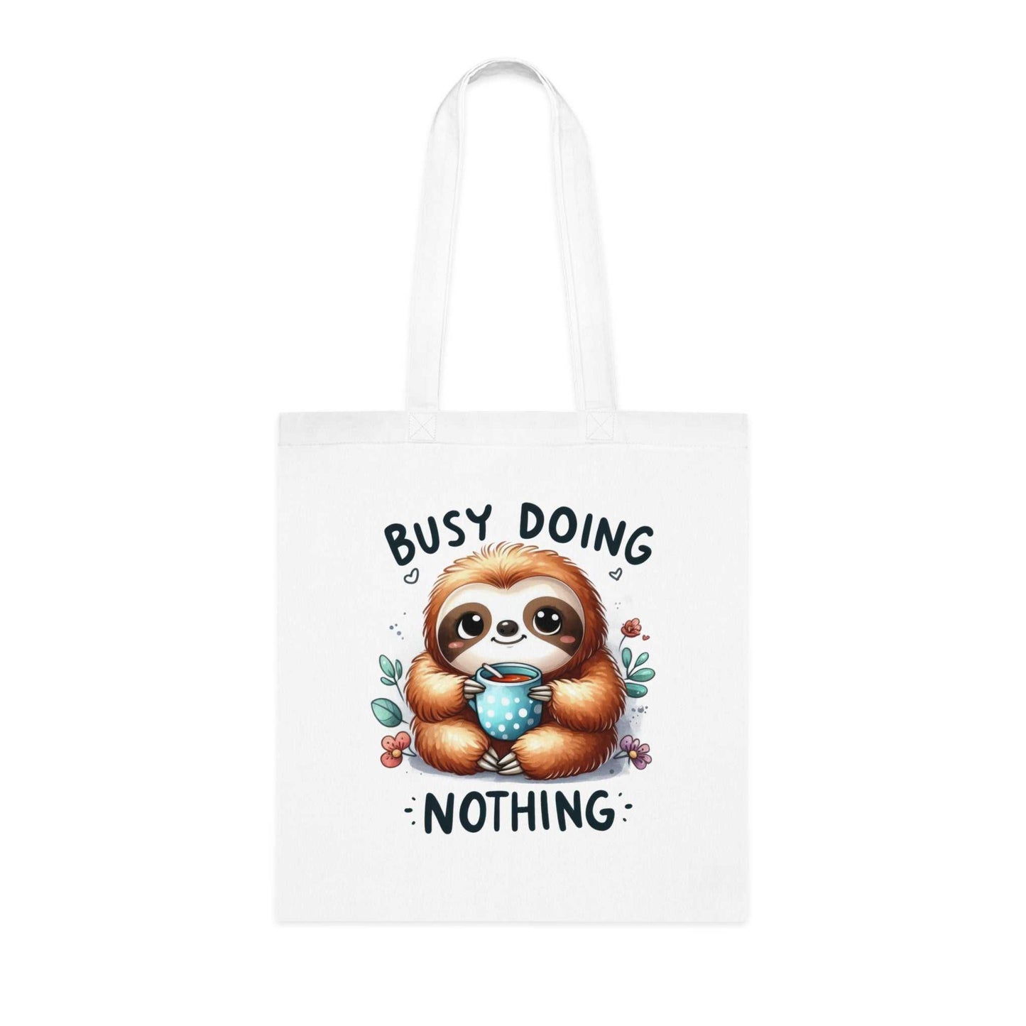 Cute cotton sloth tote bag with vibrant design and "Busy Doing Nothing" text.