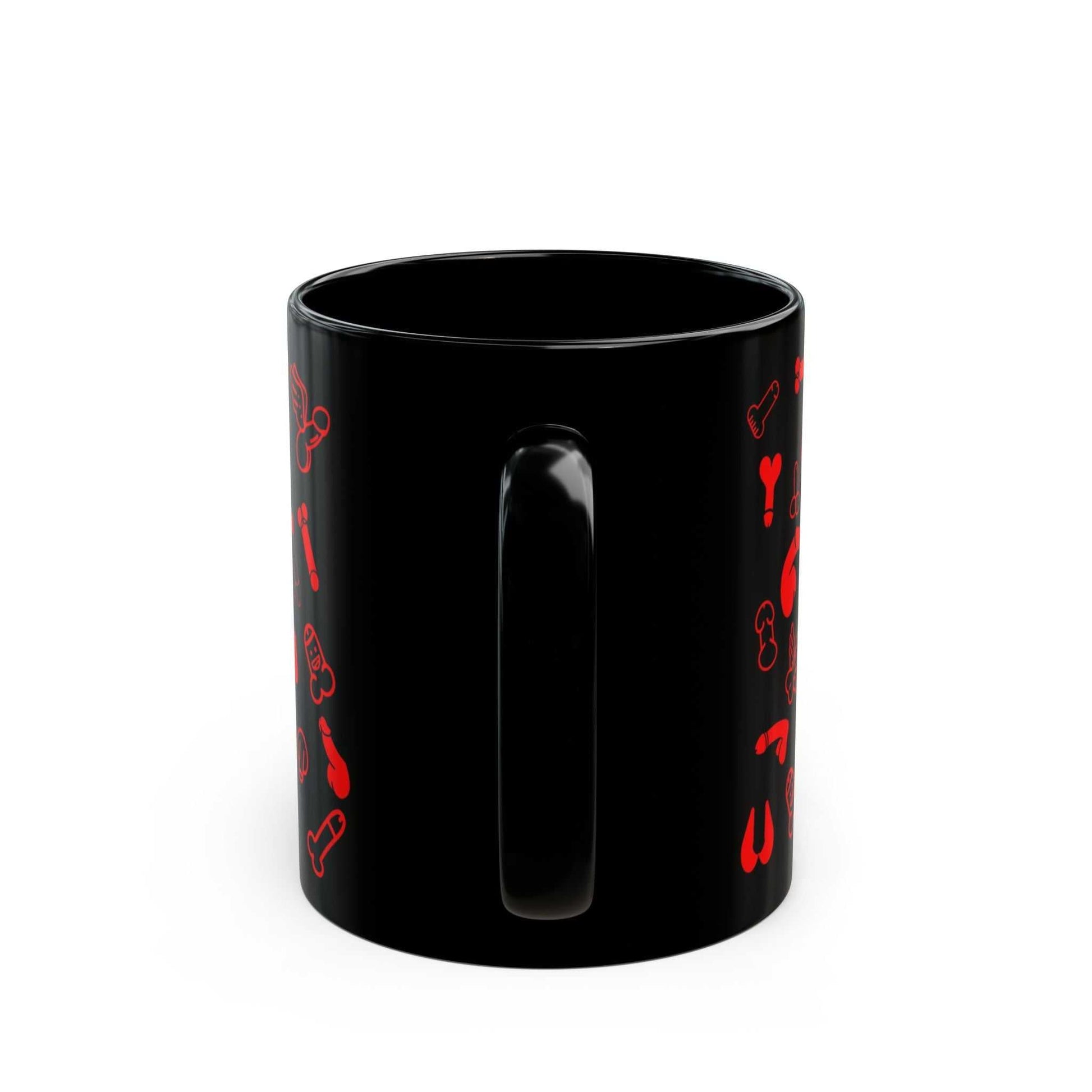 Black ceramic mug with red willies design, playful and quirky, available in 11oz and 15oz sizes, glossy finish.