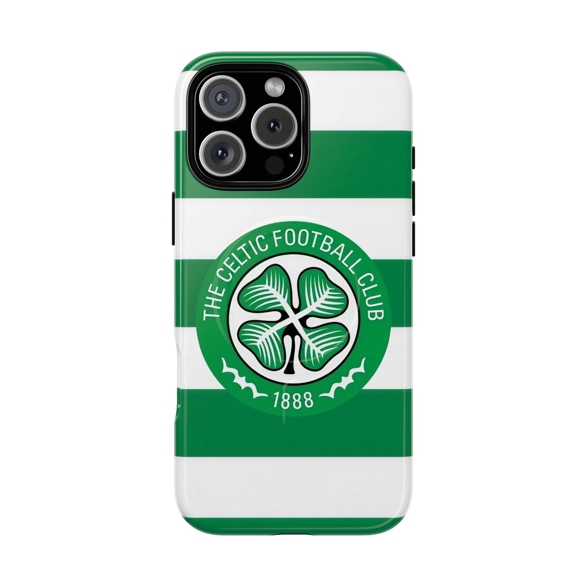 Celtic MagSafe iPhone Case with green and white stripes and Celtic Football Club crest, dual layer protection, and MagSafe compatibility