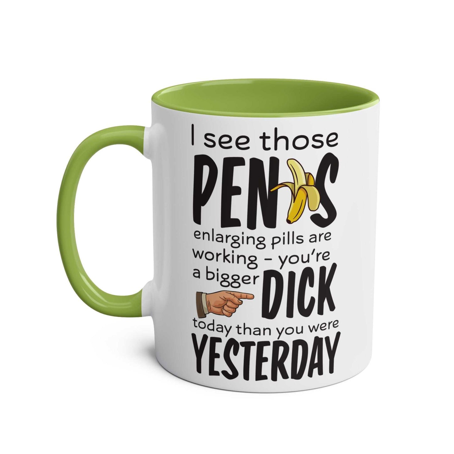 Cheeky Rude Ceramic Two Tone Mug with humorous print, glossy finish, green handle and interior, 11oz size.