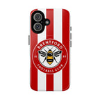 Brentford FC MagSafe iPhone case with red and white stripes and bee crest, dual-layer protection, and MagSafe compatibility