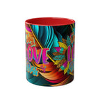 Vibrant LGBTQ+ Pride mug with rainbow design, available in seven colors, 11oz ceramic, microwave and dishwasher safe.