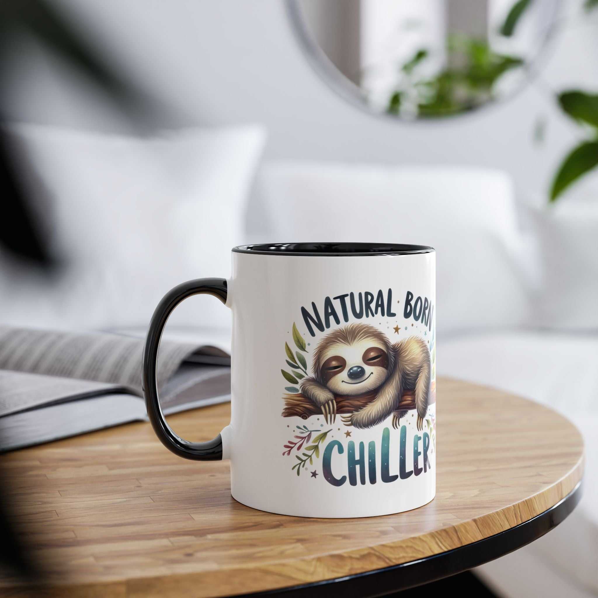 Cute sloth coffee mug with natural born chiller design, 11oz ceramic, available in 7 colors.