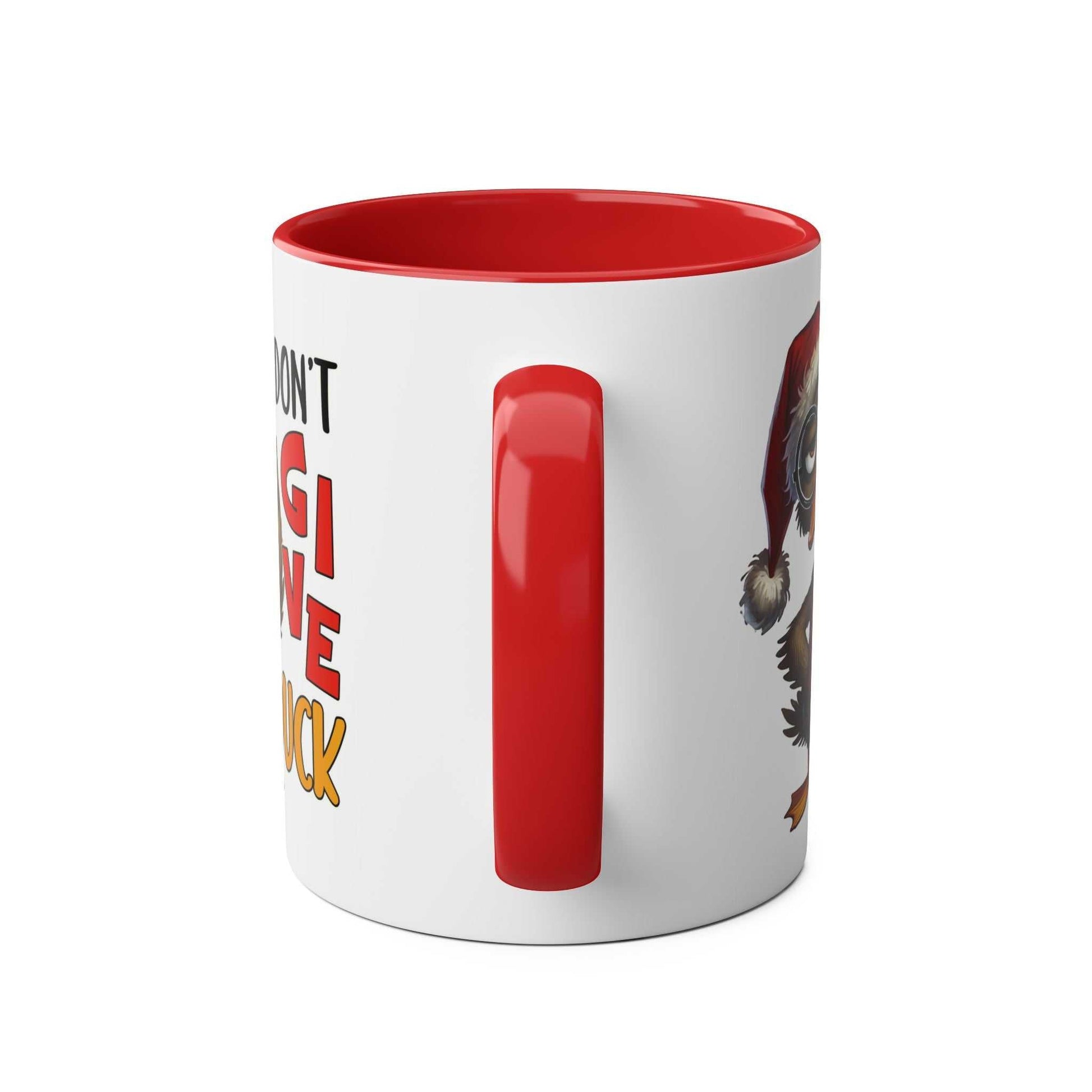 Sarky Christmas Mug with duck design, red handle, dishwasher and microwave safe.