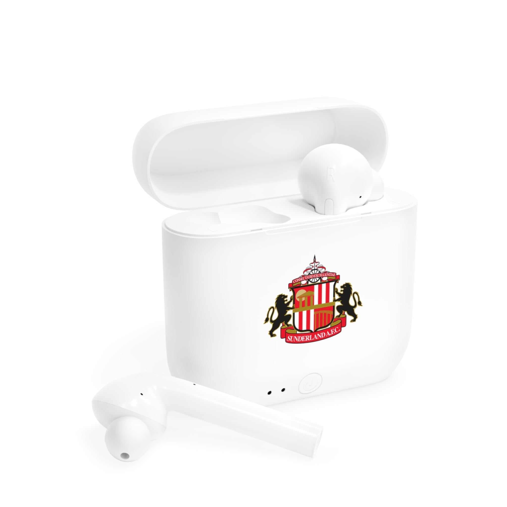 White Sunderland Fc wireless earbuds with charging case featuring fan-inspired club crest design