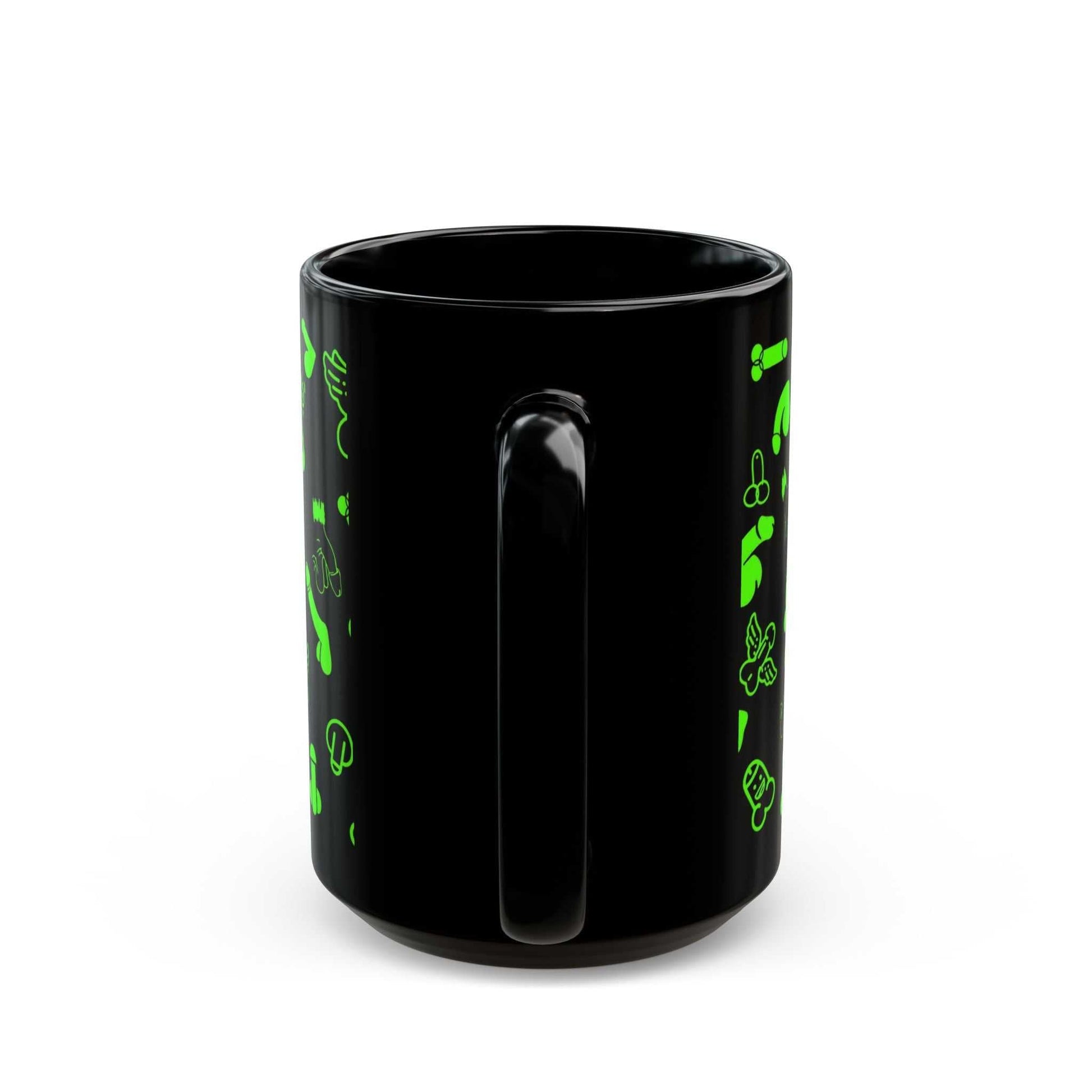 Black ceramic mug with playful green willie print, available in 11oz and 15oz sizes.