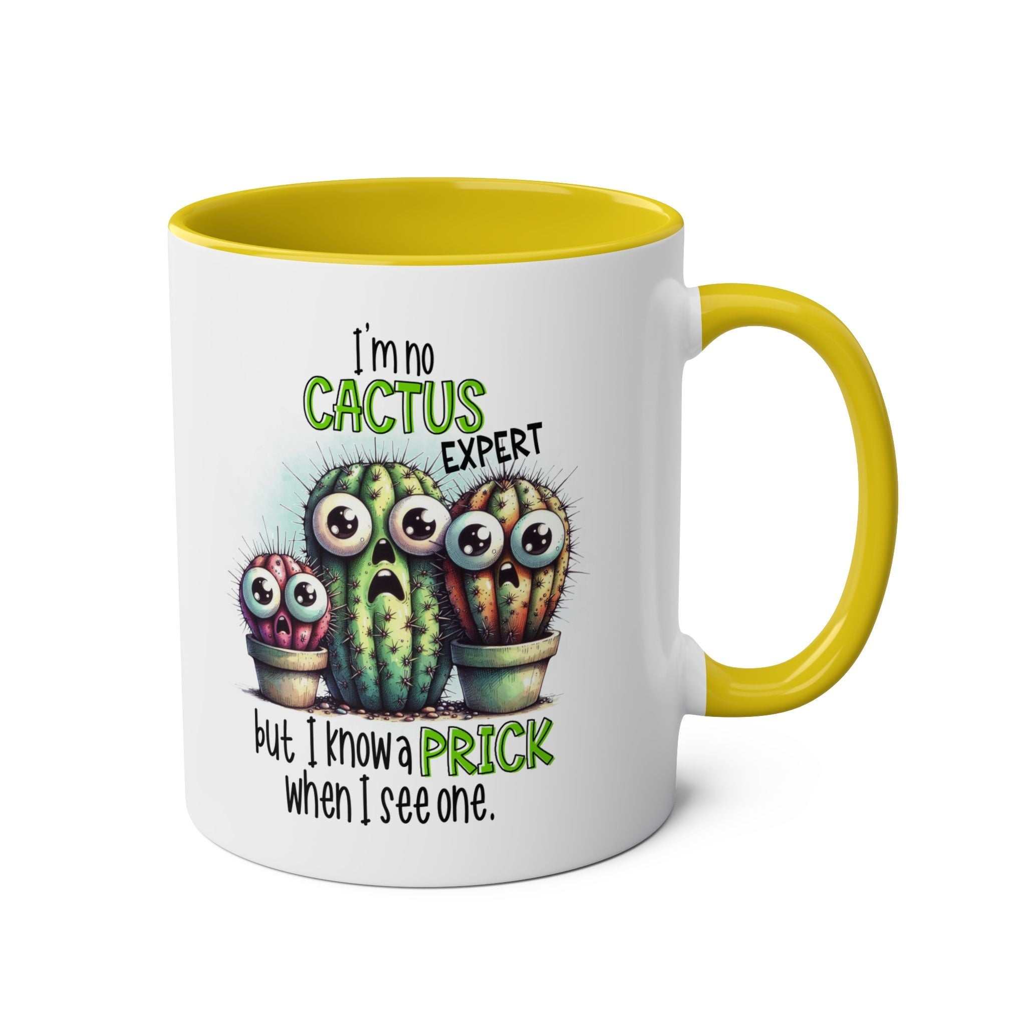 Fun cactus expert coffee mug with sassy humor and glossy finish in seven colors